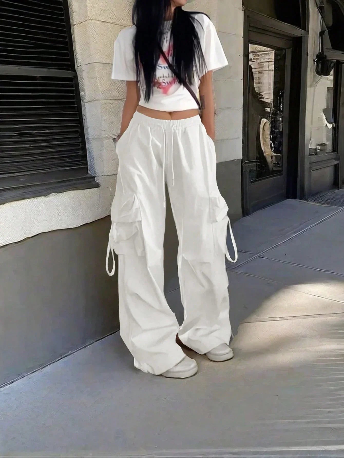 High Waist Cargo Pants with Flap Pockets Relaxed Wide Leg Streetwear Trousers