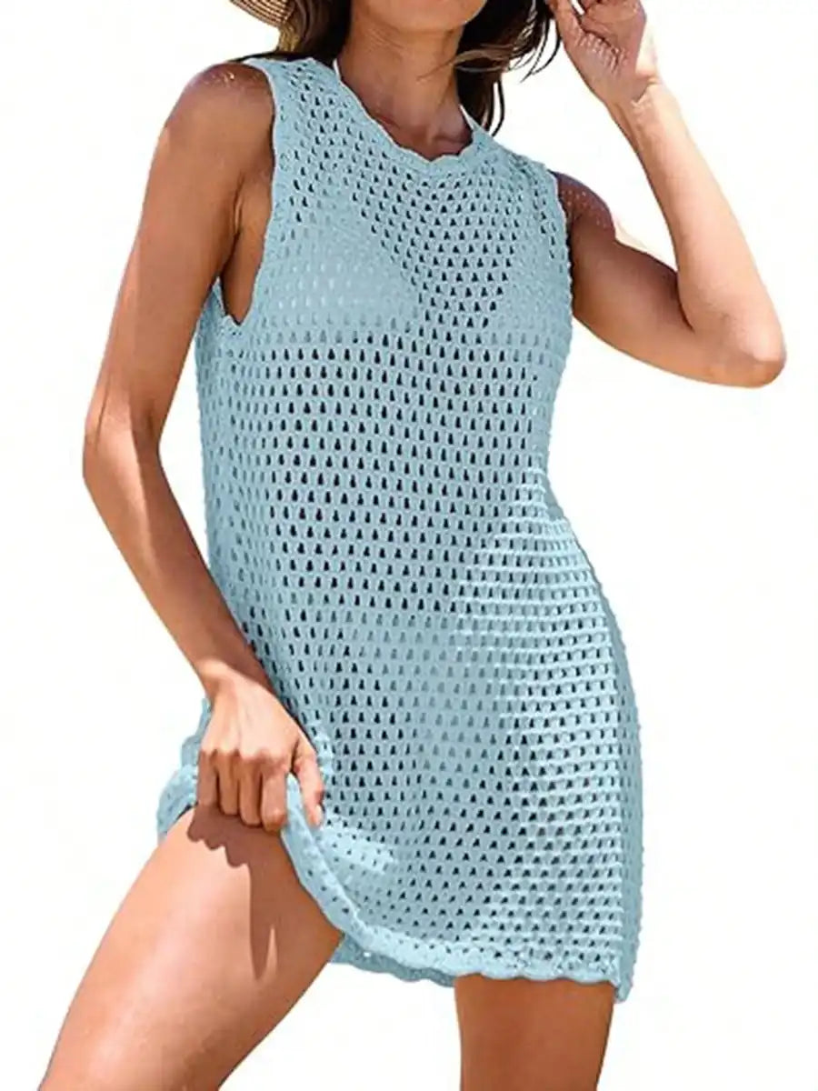 Black Crochet Backless Beach Cover-Up Dress with Hollow-Out Knit Design, Sleeveless Silhouette and Mini Length