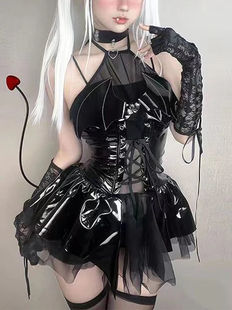 Gothic Vinyl Corset Mini Dress with Layered Alternative Fashion Silhouette