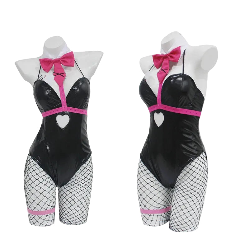 Daring Black Bodysuit Set with Pink Harness Details and Heart Cutout