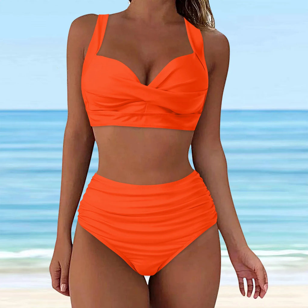 High-Waisted Blue Two-Piece Bikini Set with Structured Cup Detail and Feminine Frill Accent
