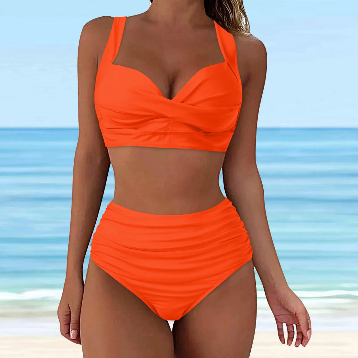 High-Waisted Blue Two-Piece Bikini Set with Structured Cup Detail and Feminine Frill Accent