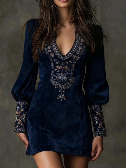 Vintage Embroidered Bohemian Inspired Relaxed Fit Alternative Mini Dress