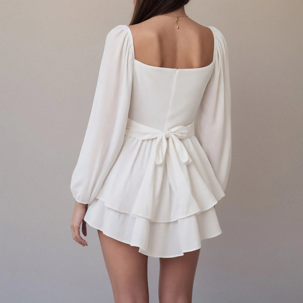 Romantic White Chiffon-Style Mini Dress with Billowing Sleeves and Tiered Ruffles