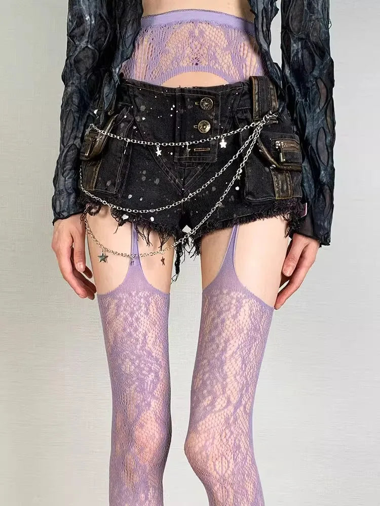 Floral Fishnet Suspender Tights Alternative Punk Fashion Garter Style Hosiery