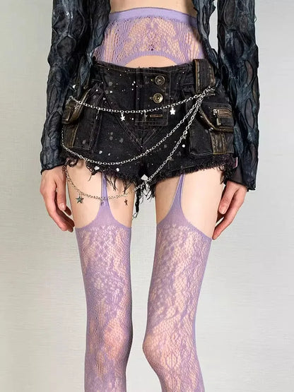 Floral Fishnet Suspender Tights Alternative Punk Fashion Garter Style Hosiery