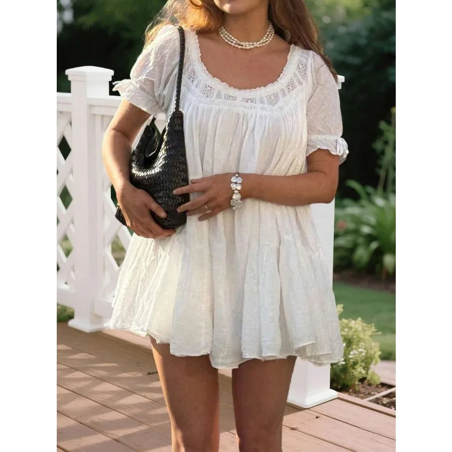 Puff Sleeve Babydoll Mini Dress with Lace Trim Relaxed Y2K Inspired Style