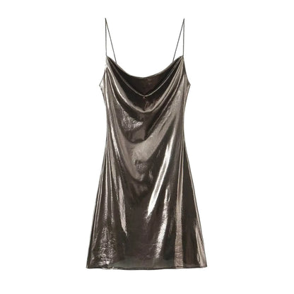 Metallic Finish Spaghetti Strap Mini Dress with Draped Cowl Neckline