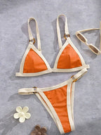 Textured Taupe Bikini with Contrast White Piping and Hardware Accents