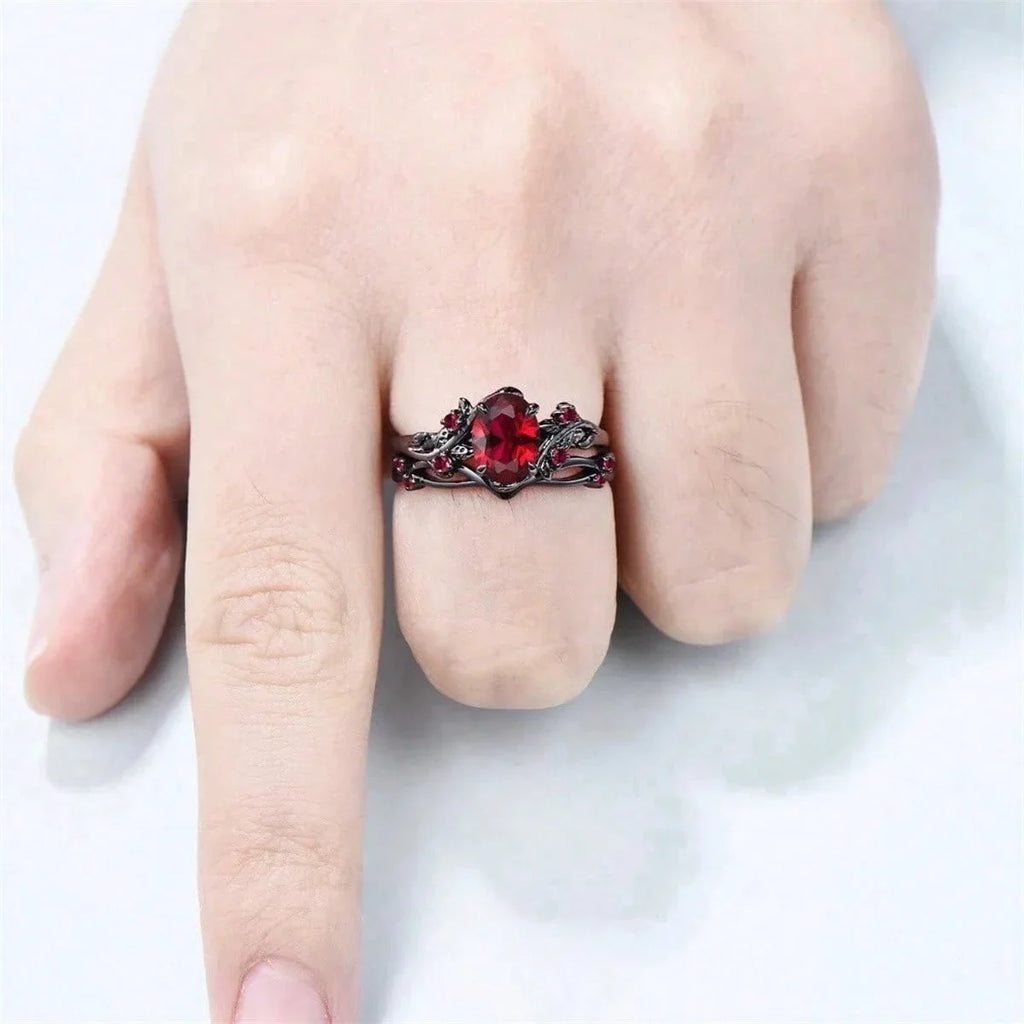 Gothic Oval Crystal Statement Ring Set With Ornate Dark Fantasy Design