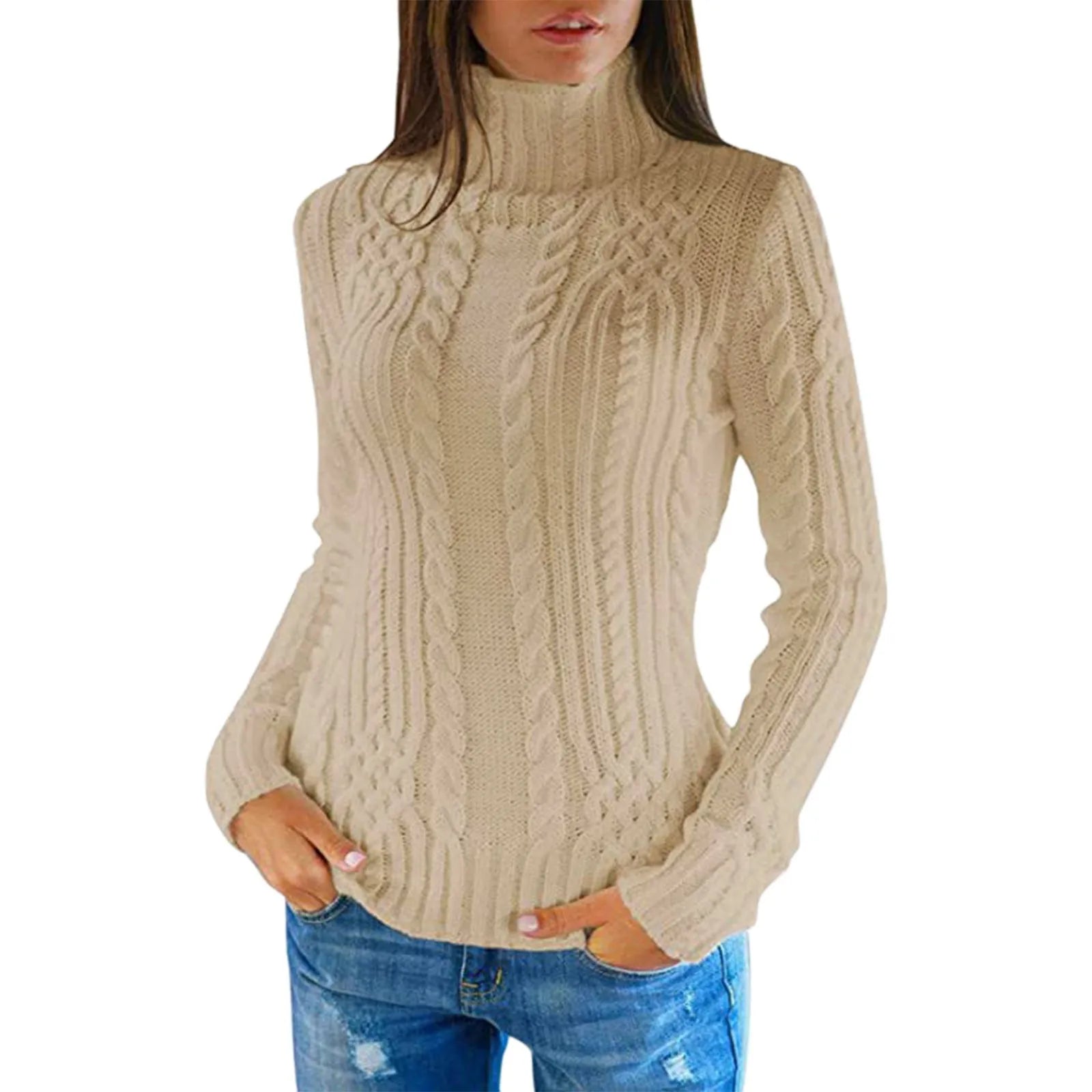 Women's Cable Knit Turtleneck Slim Fit Pullover Sweater With Textured Finish