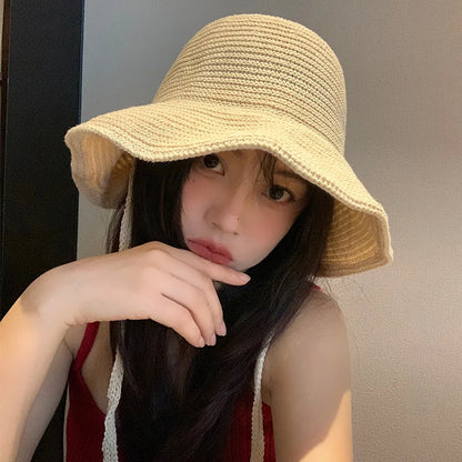 Wide Brim Straw Blend Sun Hat with Adjustable Chin Strap for Beach and Travel Wear