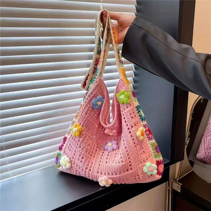 Open Knit Tote Shoulder Bag with Large Capacity Casual Design