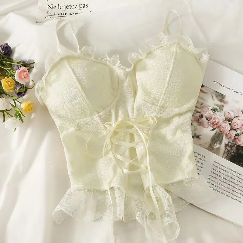 Lace Trim Corset Cami Top with Structured Bodice and Adjustable Straps