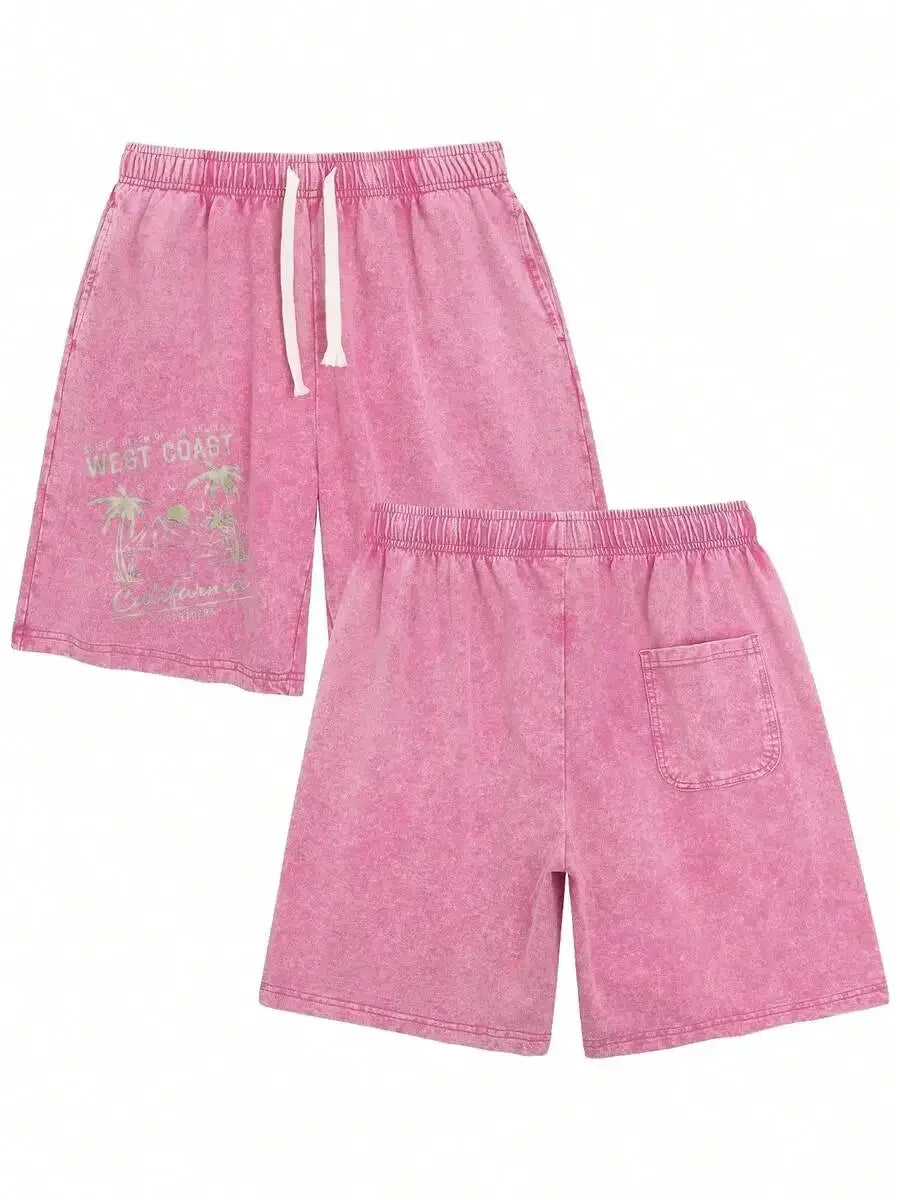 Men's Washed Cotton Shorts with Graphic Artwork and Relaxed Drawstring Everyday Casual Fit