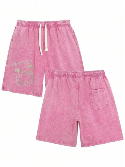 Men's Washed Cotton Shorts with Graphic Artwork and Relaxed Drawstring Everyday Casual Fit