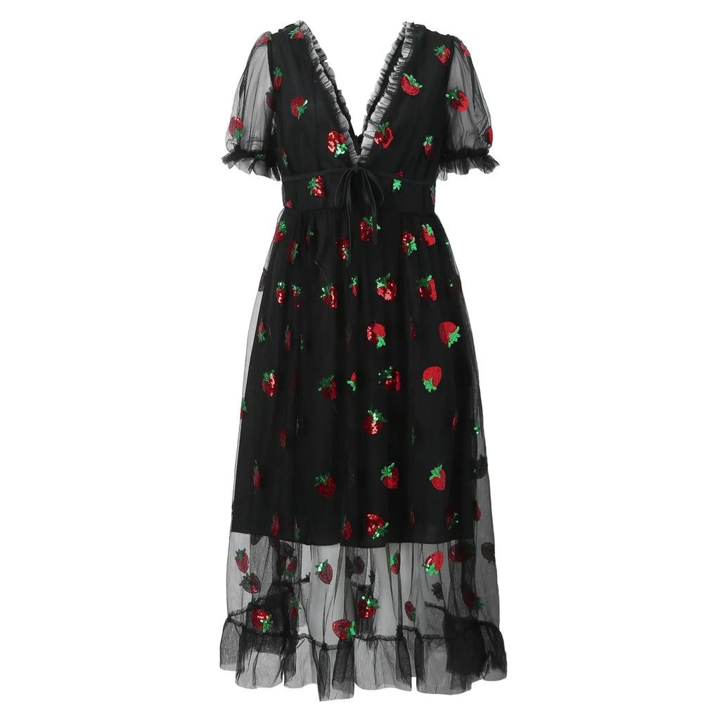 Strawberry Embroidered Pink Tulle Maxi Dress with Puff Sleeves and Ruffled Hem