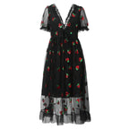 Strawberry Embroidered Pink Tulle Maxi Dress with Puff Sleeves and Ruffled Hem