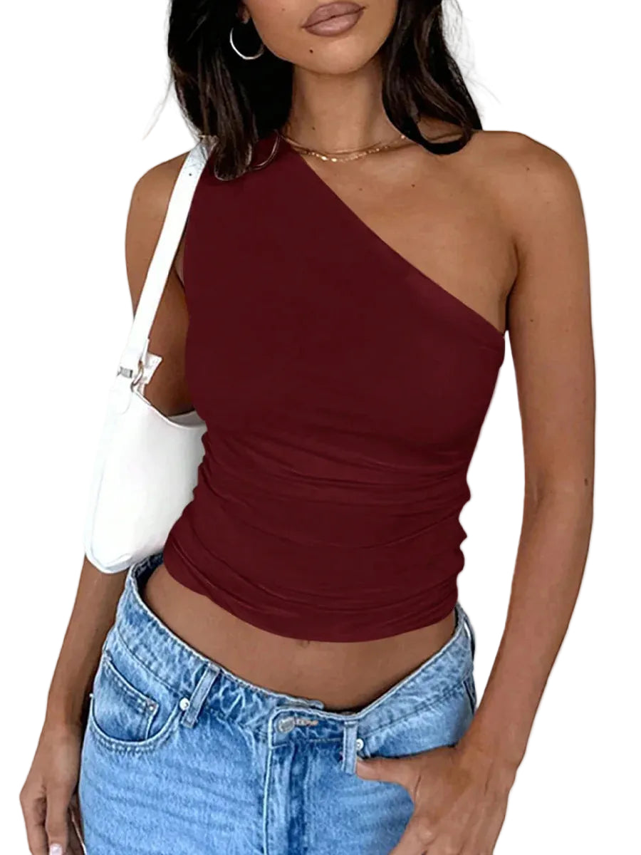 One Shoulder Knit Crop Top with Slim Fit Contemporary Summer Streetwear Style