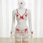 Sheer White Nurse-Inspired Babydoll Lingerie Set with Red Contrast Trim and Cross Accents