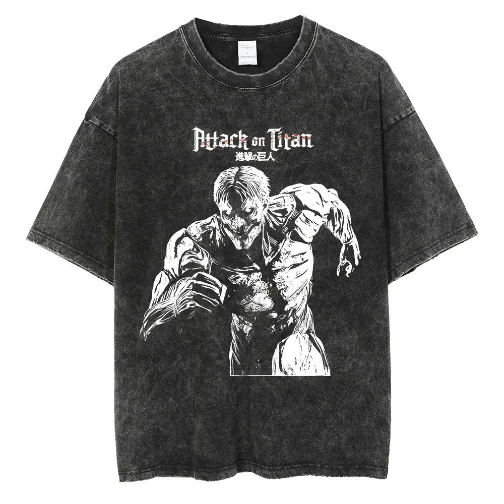 Vintage Anime-Inspired Titan Manga Streetwear Oversized Washed Cotton T-Shirt
