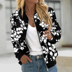 Women's Floral Print Bomber Jacket with Zip Front Contemporary Casual Streetwear Style