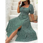 Square Neck Puff Sleeve Front Tie Floral Midi Dress for Boho Summer Style