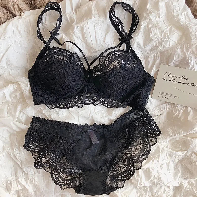 Crimson Red Textured Floral Lace Underwire Bra and Scalloped Panty Set