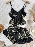 Women's Cherry-Inspired Print Cami Pajama Set with Ruffle Trim, V-Neck Spaghetti-Strap Top and Matching Shorts, Cute Loungewear