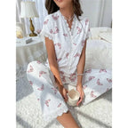 Women's Cherry Print Pajama Set with Button-Front Short-Sleeve Top and Matching Ankle-Length Pants, Lace-Trim Sleepwear