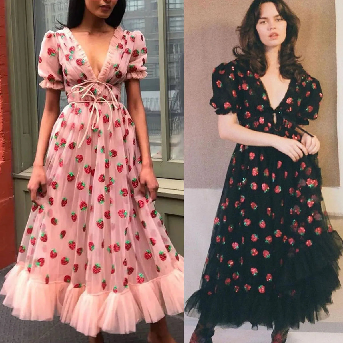 Strawberry Embroidered Pink Tulle Maxi Dress with Puff Sleeves and Ruffled Hem