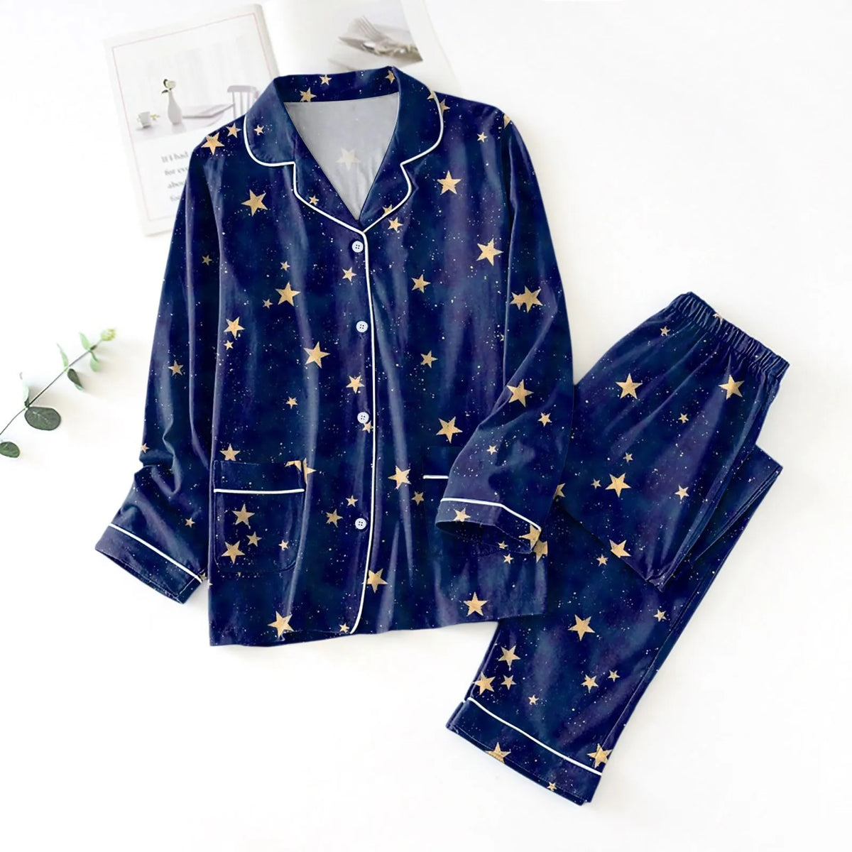 Women's Satin-Look Star Print Pajama Set, Long-Sleeve Button-Front Shirt and Matching Ankle-Length Pants, Two-Piece Loungewear