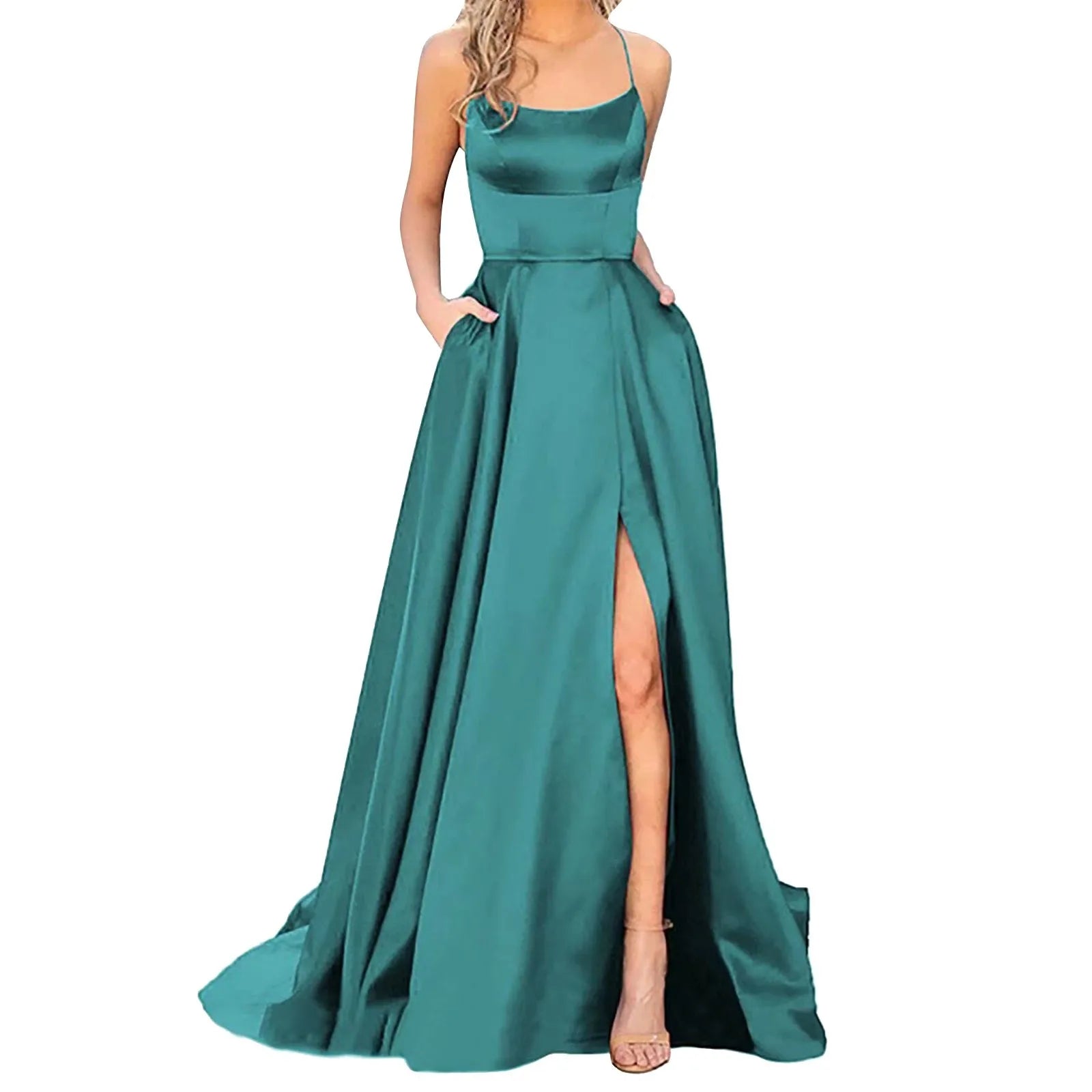Spaghetti Strap Maxi Dress with Open Back Design and Side Slit Detail