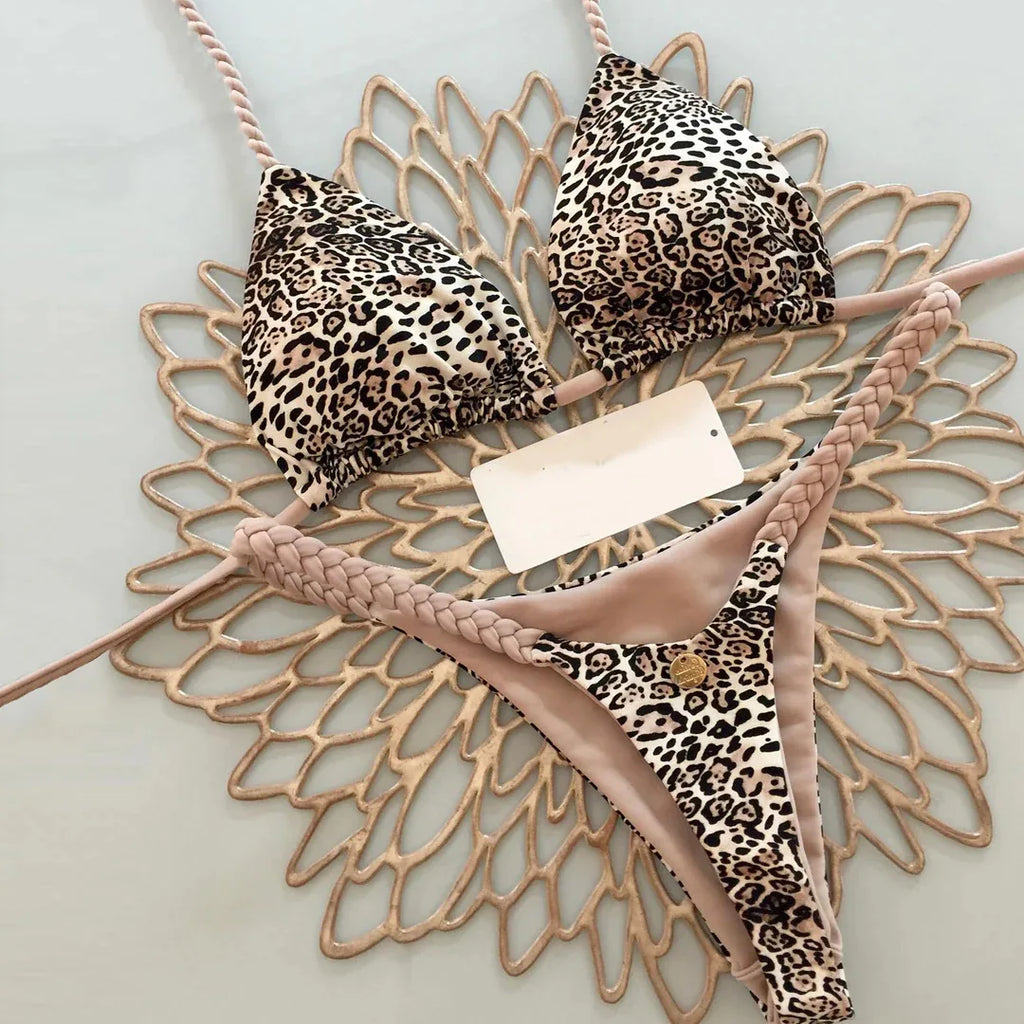 Playful Heart Print Triangle Bikini Set with Braided Pink Strap Detailing