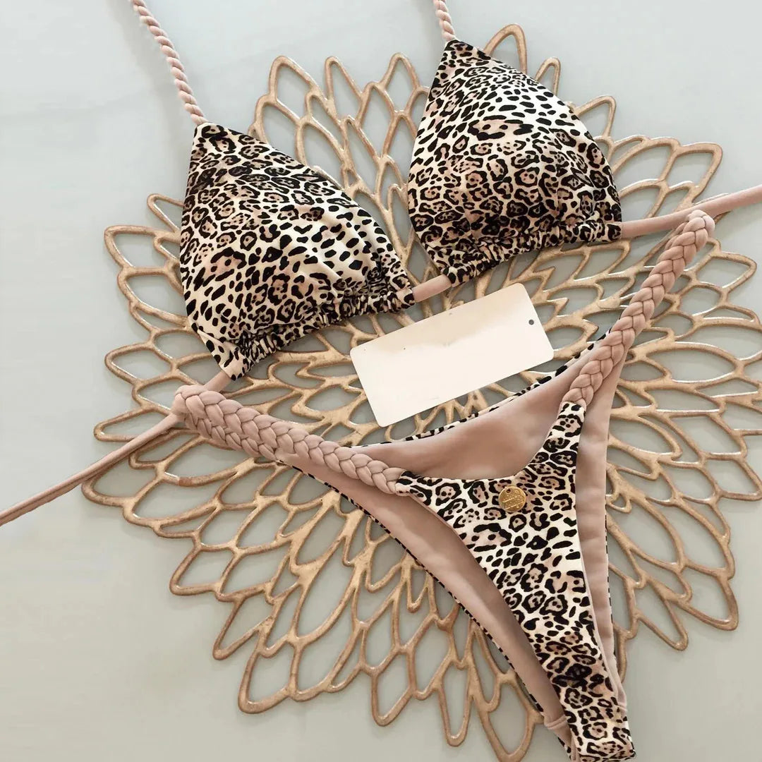 Playful Heart Print Triangle Bikini Set with Braided Pink Strap Detailing