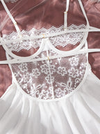 Ethereal White Sheer Lace Babydoll Set with Ruffled Tulle Skirt