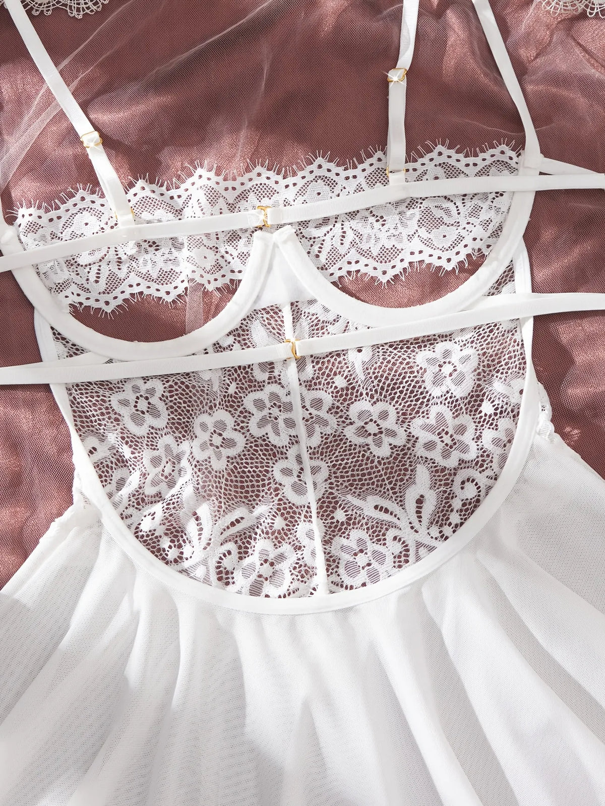 Ethereal White Sheer Lace Babydoll Set with Ruffled Tulle Skirt