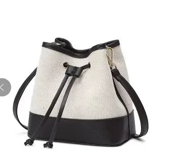 Contrast Panel Bucket Crossbody Shoulder Bag with Drawstring Closure