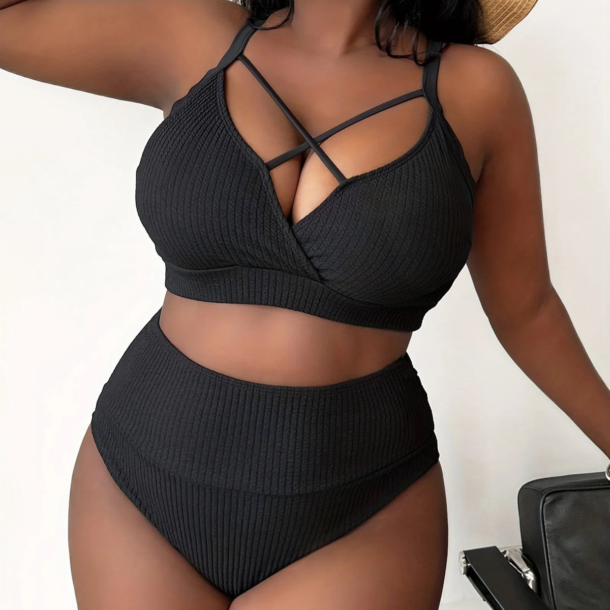Black Textured High-Waisted Two-Piece Swimsuit with Strappy V-Neck Top and Wide Waistband Detail