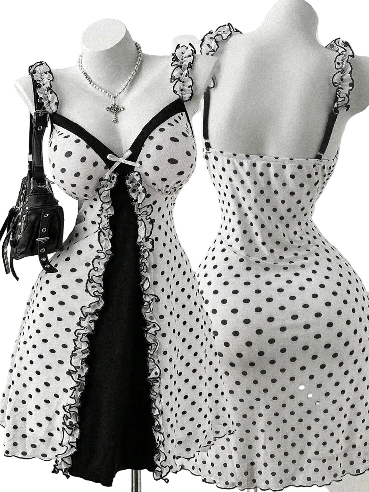 Vintage Polka Dot Gothic Mini Dress with Dark Coquette Aesthetic