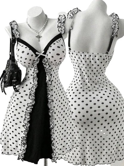 Vintage Polka Dot Gothic Mini Dress with Dark Coquette Aesthetic
