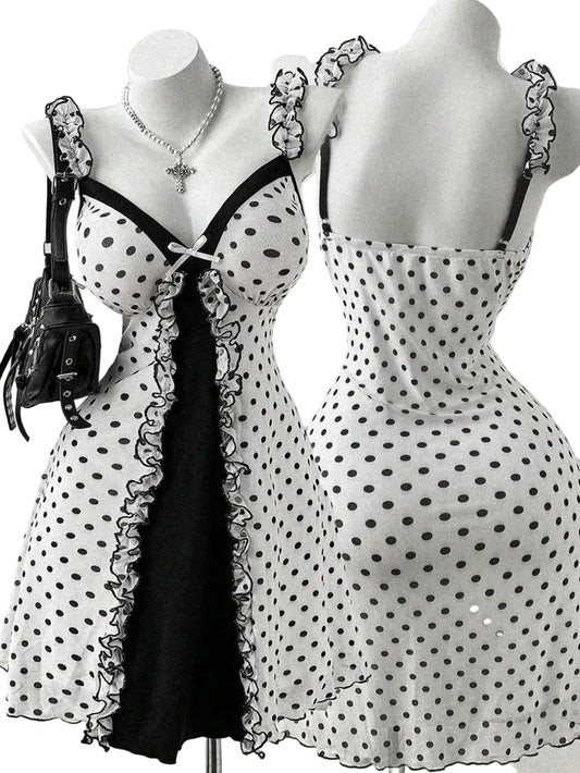 Vintage Polka Dot Gothic Mini Dress with Dark Coquette Aesthetic