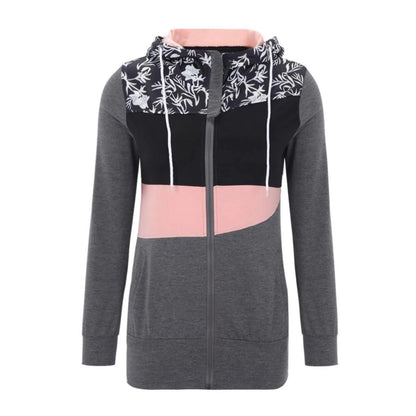 Women's Hooded Zip-Up Jacket with Patchwork Graphic Relaxed Streetwear Everyday Style