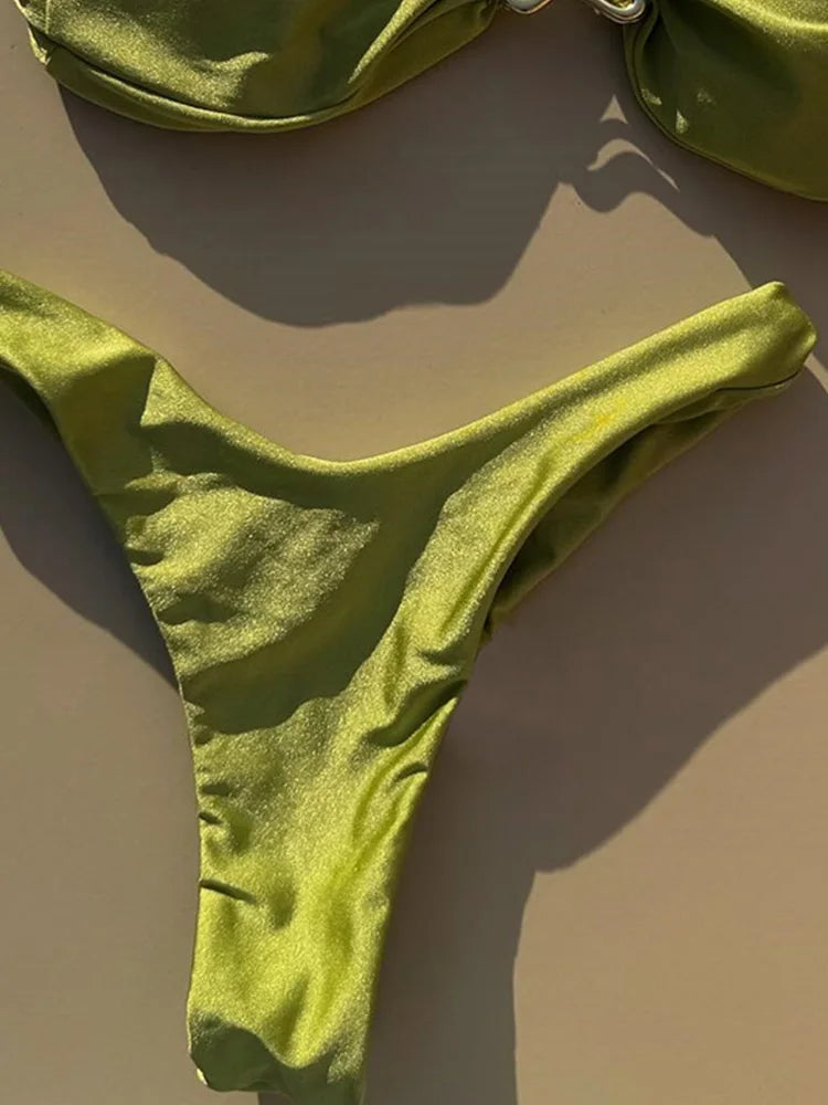 Solid Olive Green Bandeau Halter Bikini with Metallic Center Hardware