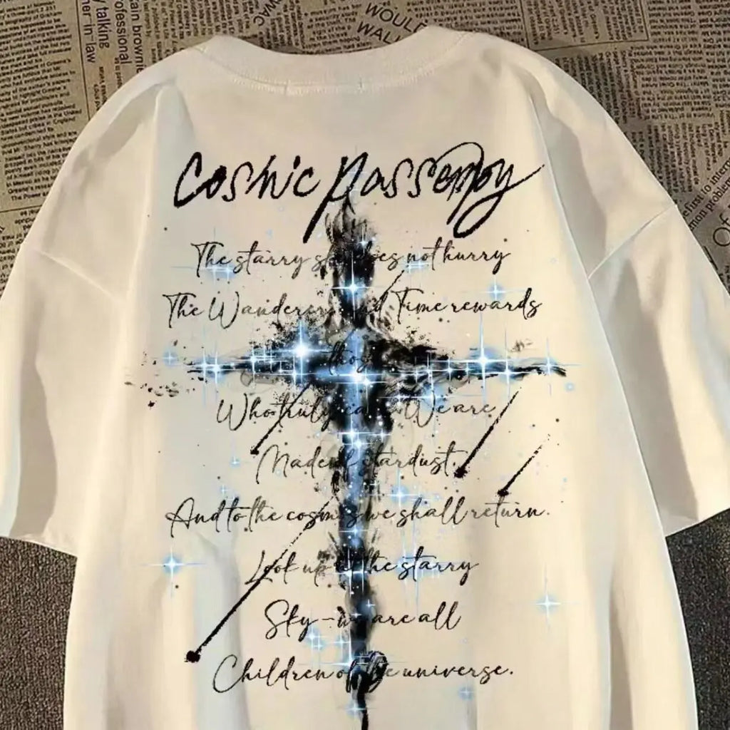 Oversized Script Cross Graphic Cotton T-Shirt with Artistic Streetwear Design