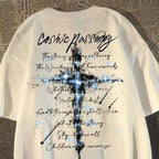 Oversized Script Cross Graphic Cotton T-Shirt with Artistic Streetwear Design