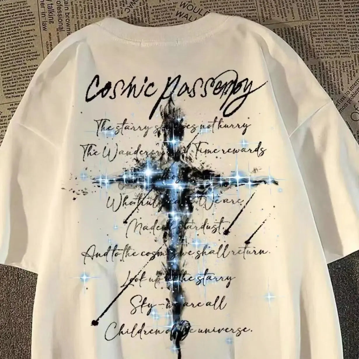 Oversized Script Cross Graphic Cotton T-Shirt with Artistic Streetwear Design