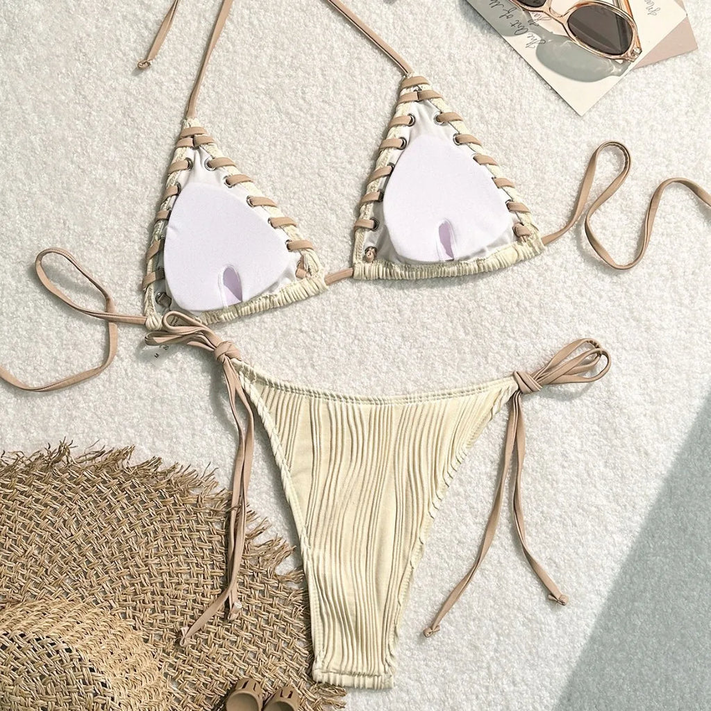 Textured Cream Triangle String Bikini with Shell-Inspired Embellishments