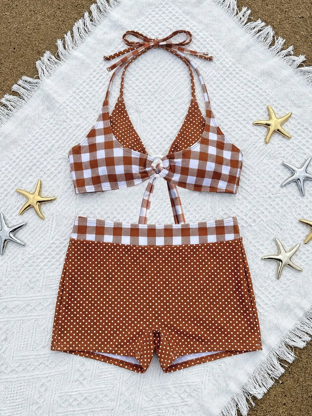 Mixed-Print Halter Bikini Set with High-Waisted Polka Dot Boy Shorts
