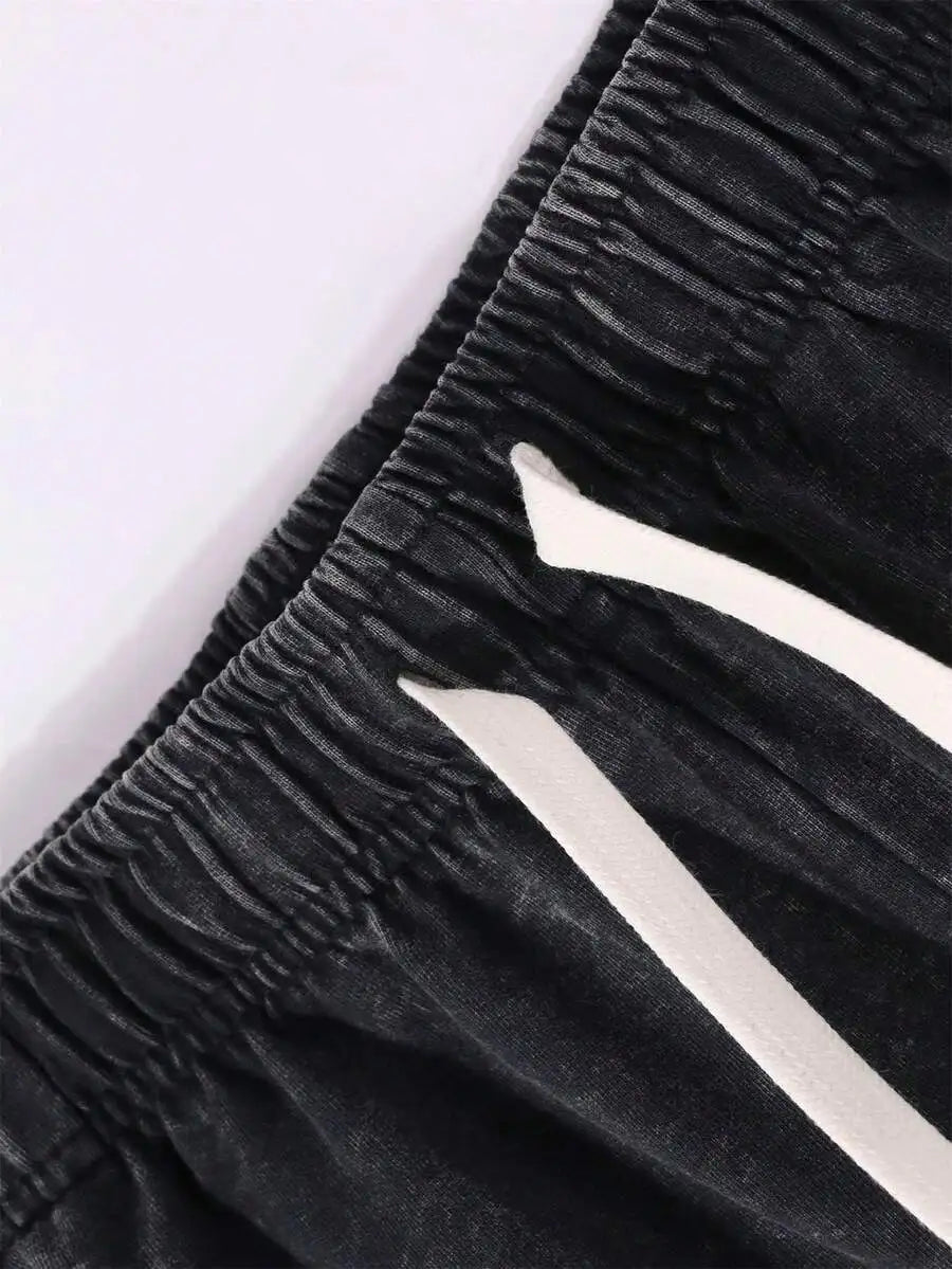 Men's Vintage Washed Cotton Shorts with Typography Graphic and Drawstring Relaxed Streetwear Fit